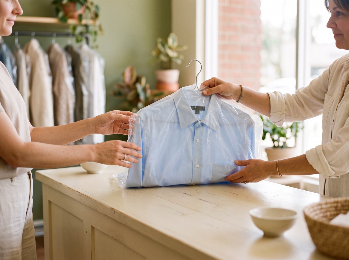 Friendly counter handoff of clean garments at the Marina Cleaners store in Laguna Niguel
