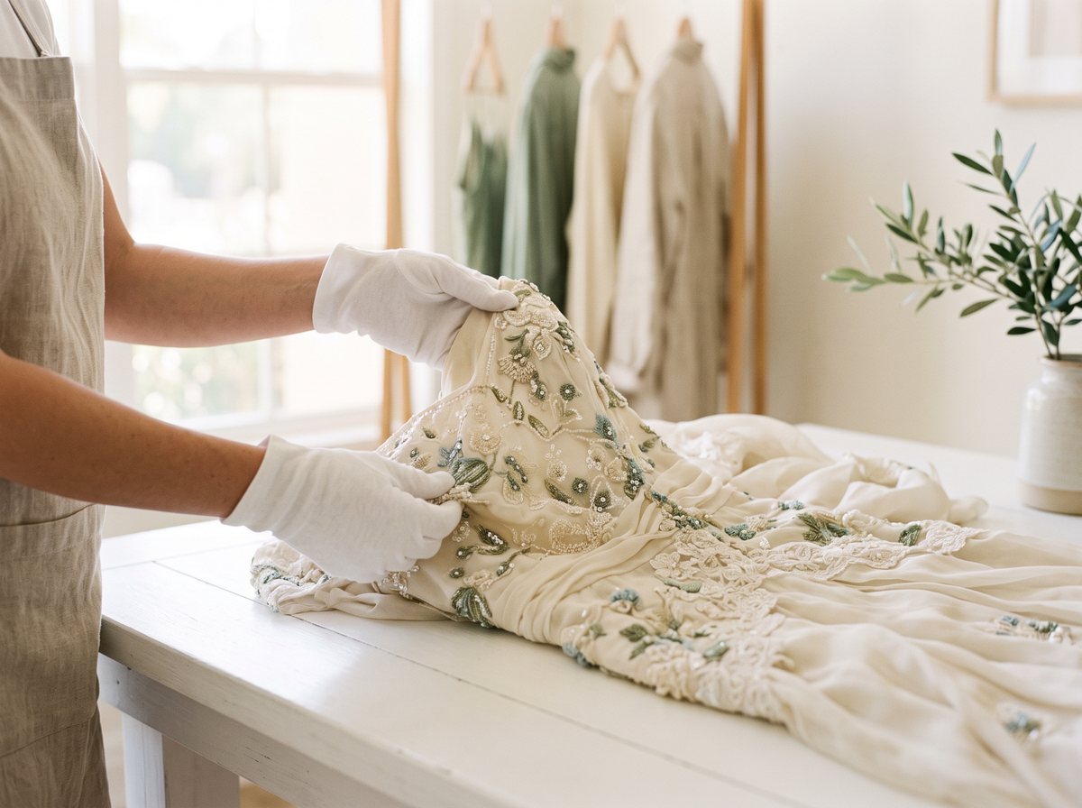 Delicate and special garments being inspected before cleaning