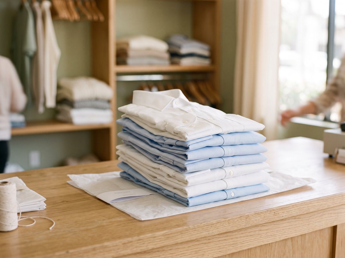 Freshly laundered and neatly folded shirts ready for pickup at Marina Cleaners