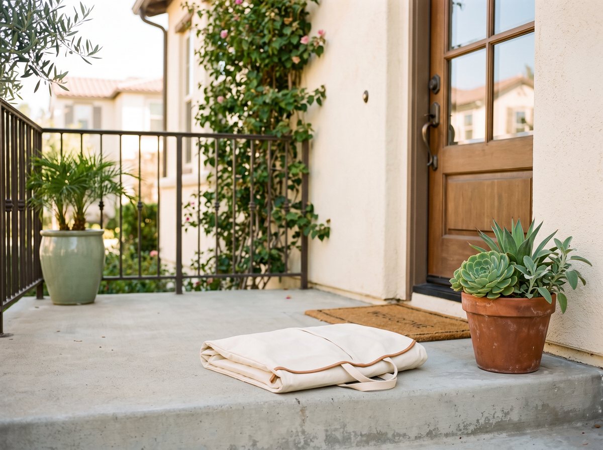 A garment bag waiting on a doorstep for a scheduled Marina Cleaners pickup in Laguna Niguel